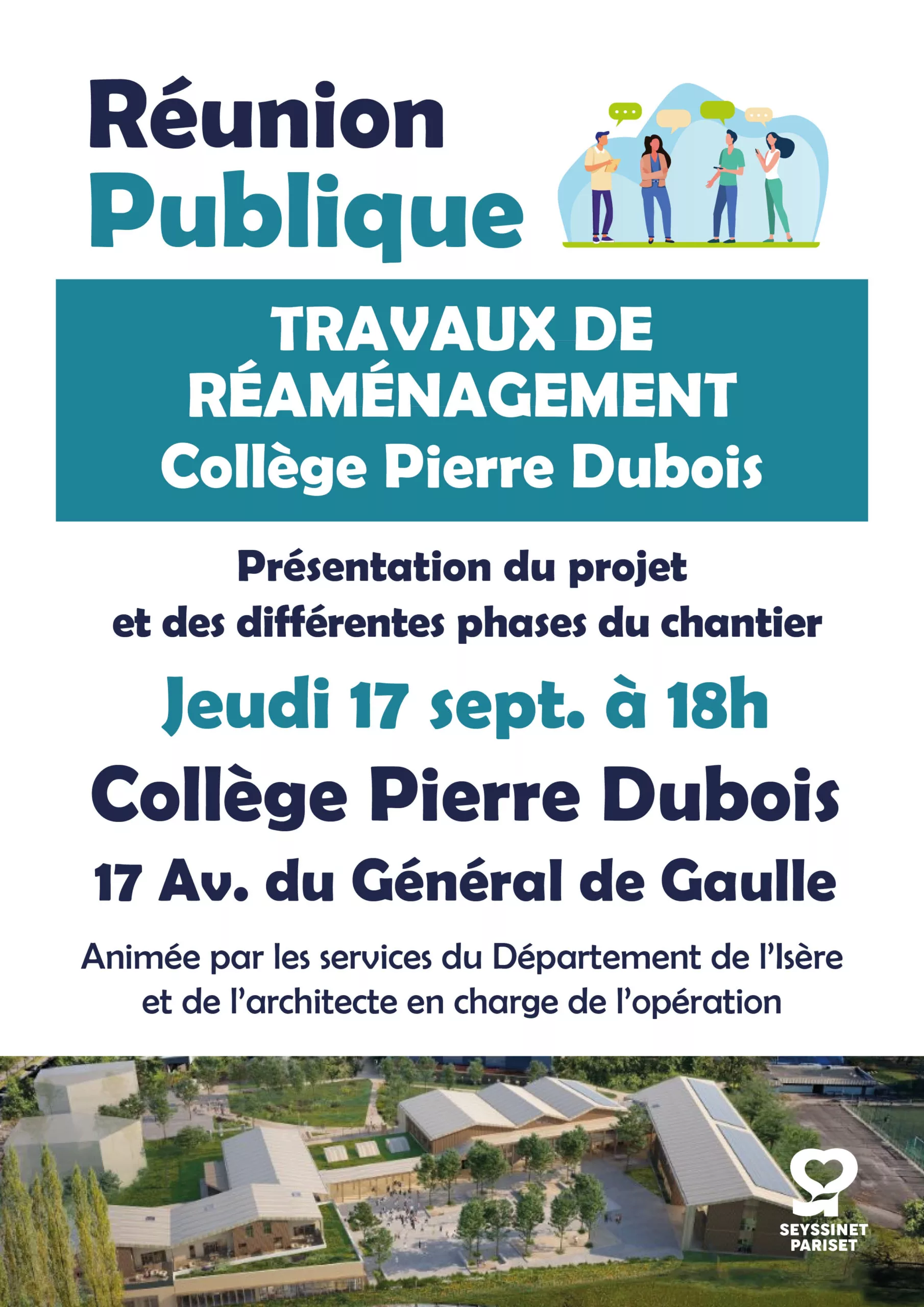 Flyer_réunion_information_Travaux_college_pierre_dubois Photo du maire Guillaume Lissy échangeant avec un habitant lors de l'événement Rencontres de Quartiers.